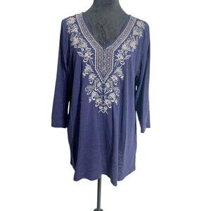 J. Jill Size Large  Top Blouse 3/4 Sleeve Embroidered Shirt Boho